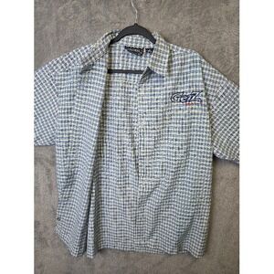Goldway Mens Medium Short Sleeve Button Up Shirt Plaid Casual Logo Getz USA Y2K